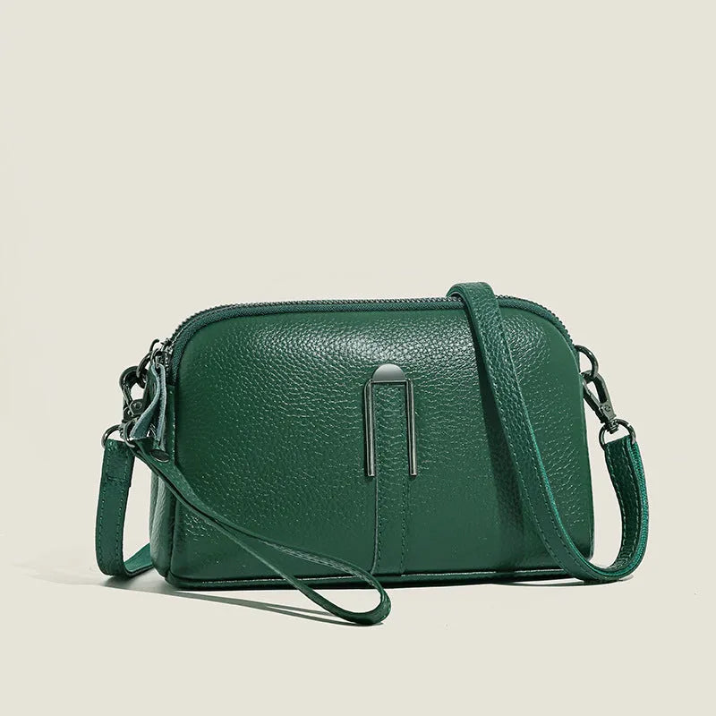 Genuine leather women's shoulder bag in urban square design, shown in dark khaki colour.