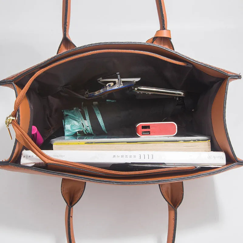 Women's three-piece PU leather handbag set with crocodile pattern in four colour options showing interior zippered compartment