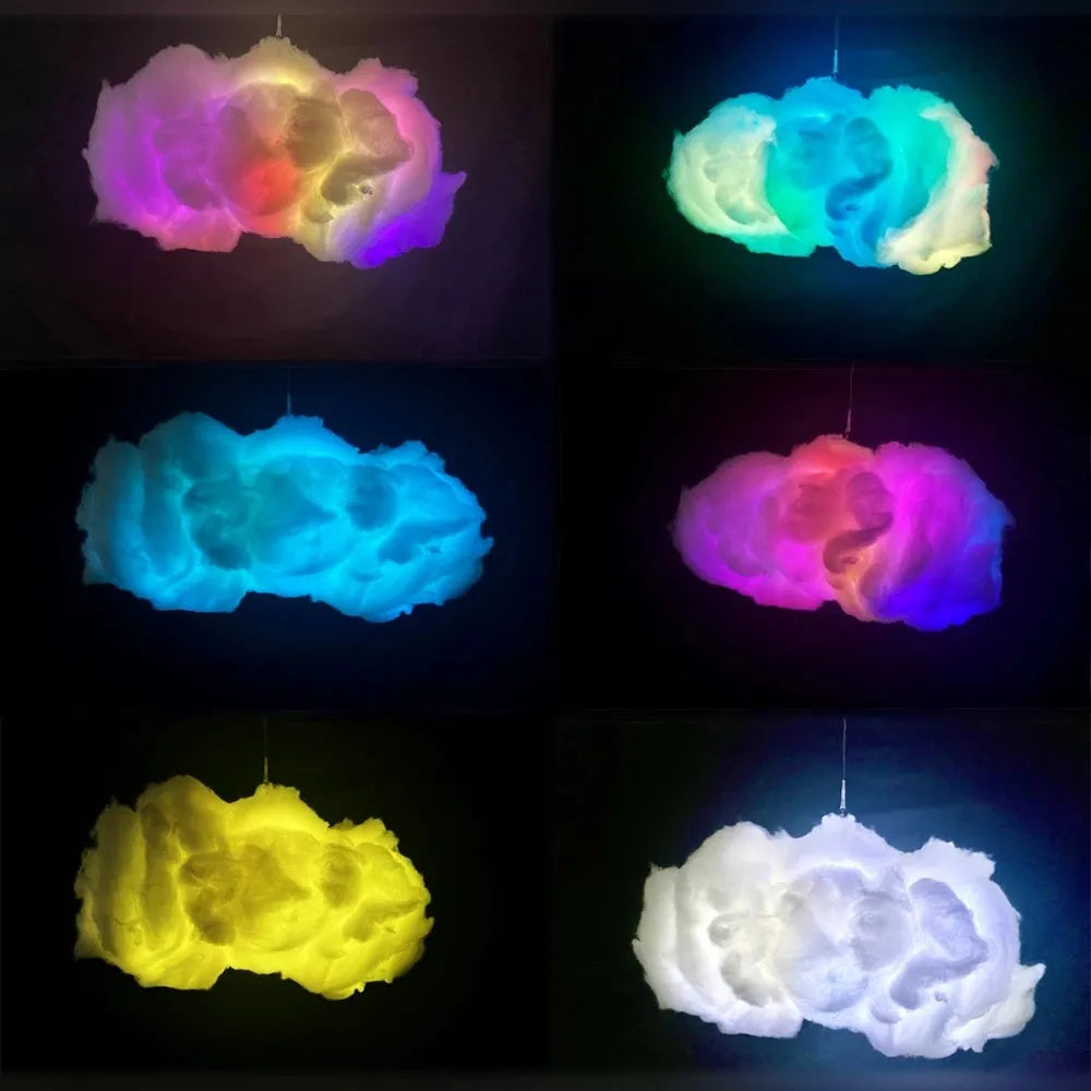 White fabric cloud-shaped pendant light with colourful RGBIC LED lighting and a USB cable.