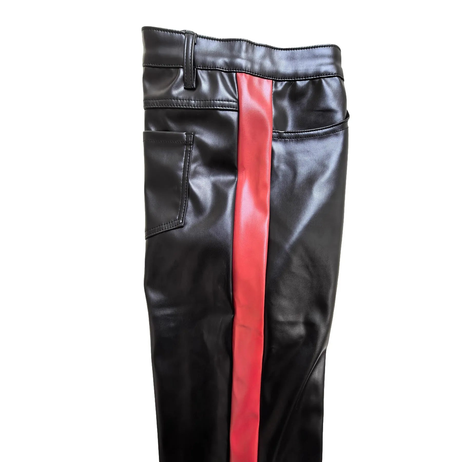 Black PU leather skinny cropped trousers mid waist button fly dance nightclub women