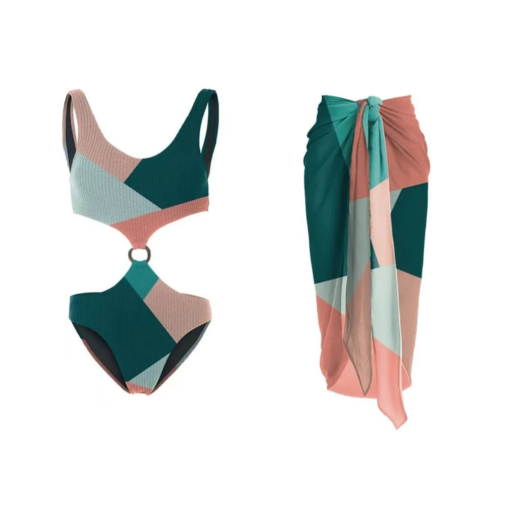 Contrast colour two-piece bikini with matching mesh gauze skirt on a model.