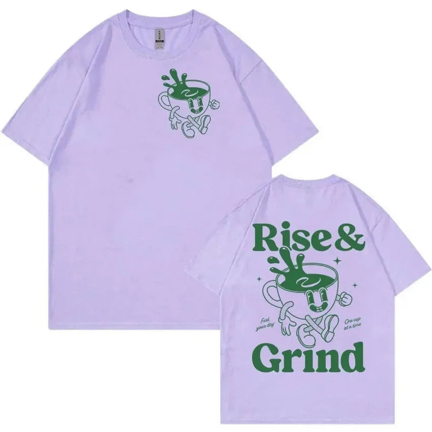 Man's loose-fit cartoon graphic t-shirt in linen blend fabric, showing the 'Rise And Grind Green Coffee' print.
