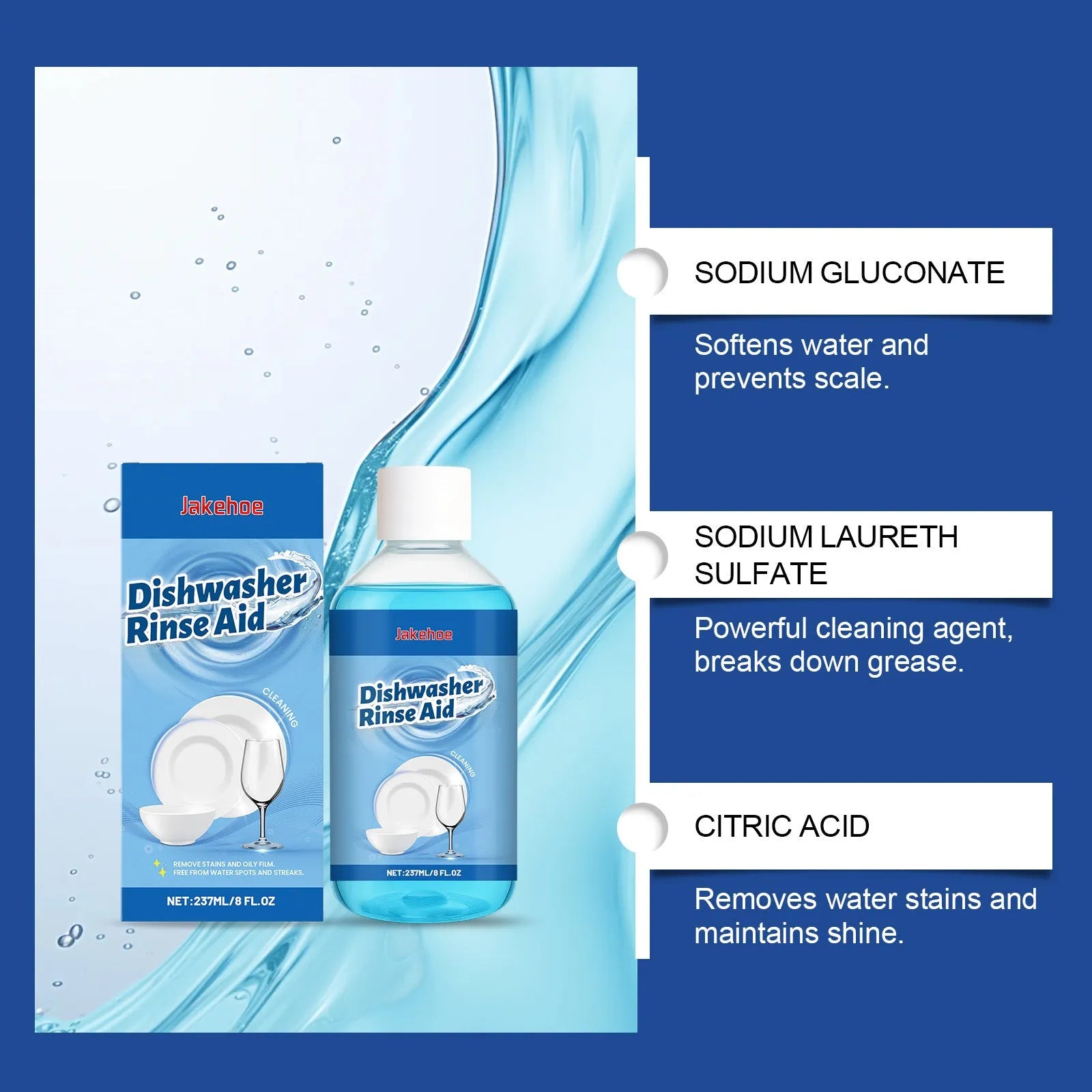237mL bottle of dishwasher cleaning aid lotion for removing stains from oily plates and kitchenware