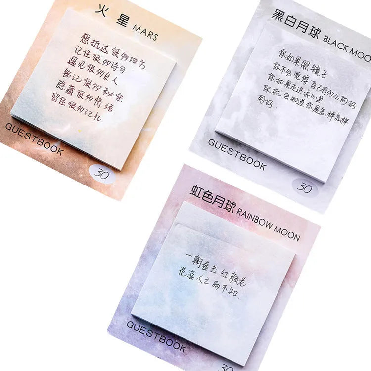 Square planet sticky notes pad showing oil painting designs of Earth, Mars, and moons at 7.3cm size.