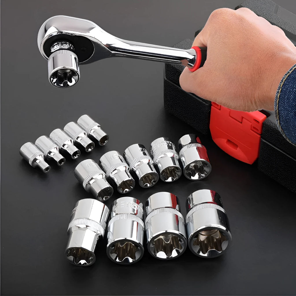 14-piece E-type socket combination tool set in red storage box with chrome vanadium steel construction