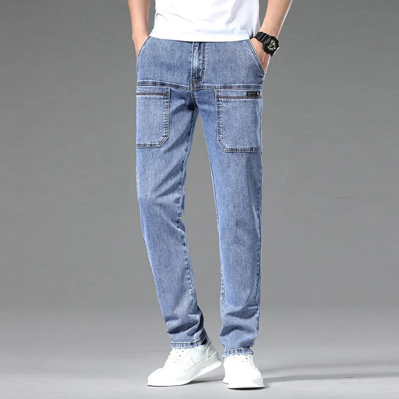 Men's straight-leg multi-pocket denim jeans in black, dark blue, and light blue colours, sizes 28 to 38