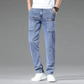 Men's straight-leg multi-pocket denim jeans in black, dark blue, and light blue colours, sizes 28 to 38