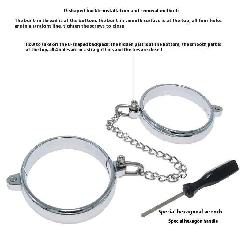 Silver zinc alloy handcuff and footcuff set with stainless steel watch bracelet fastening