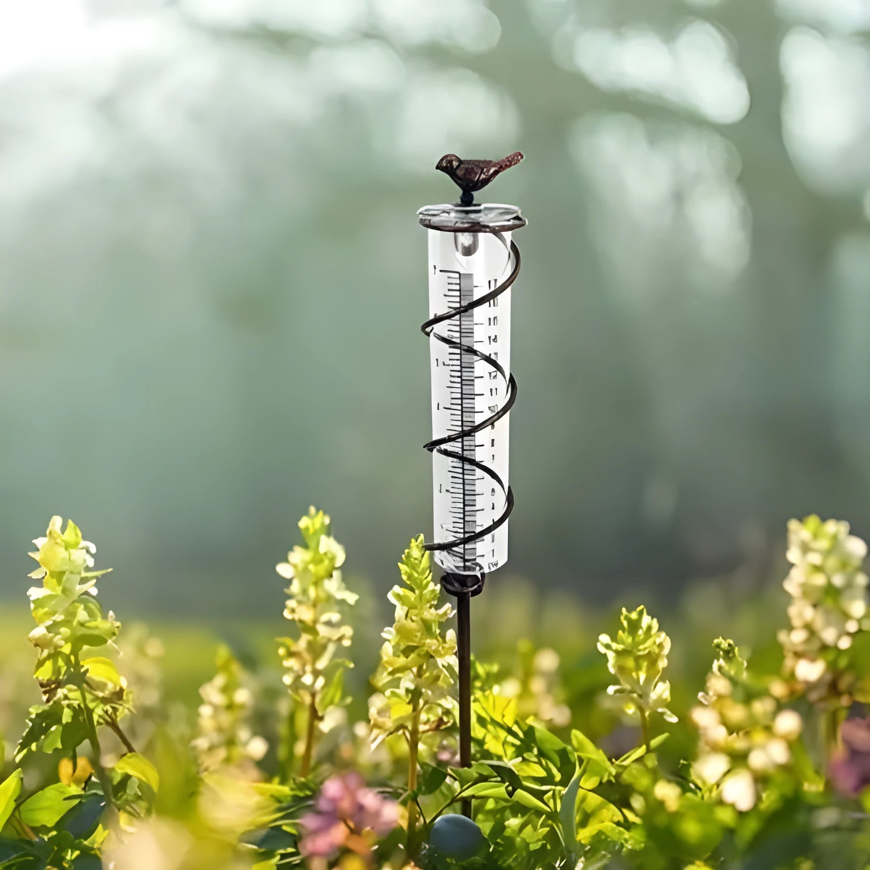 Cast iron bird design glass rain gauge with 0-800ml measurement capacity