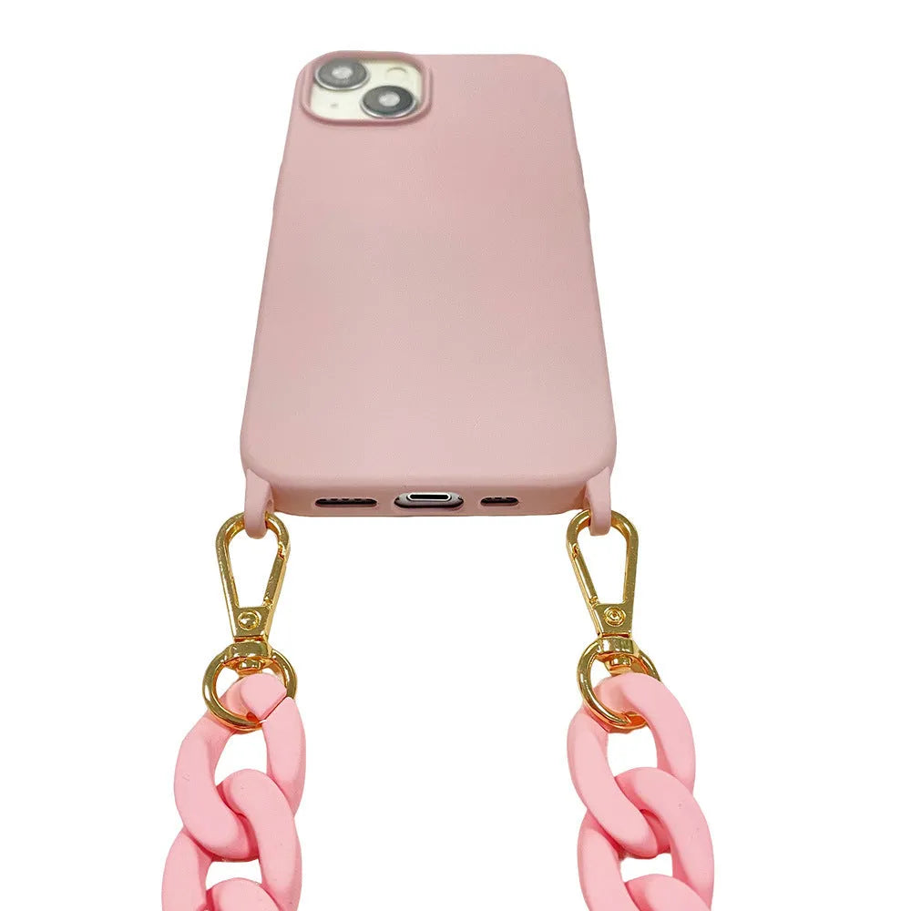 Frosted handle chain shoulder phone cover in liquid silicone for iPhone, shown in pink, purple and black