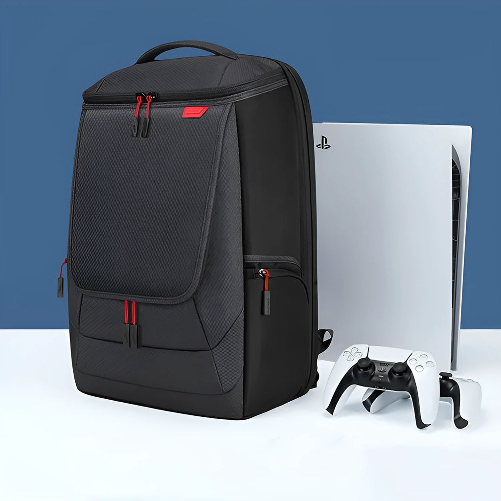 Black nylon game console storage bag for PS5 and console kits, 49 x 33 x 24cm, sewn construction, one bag.