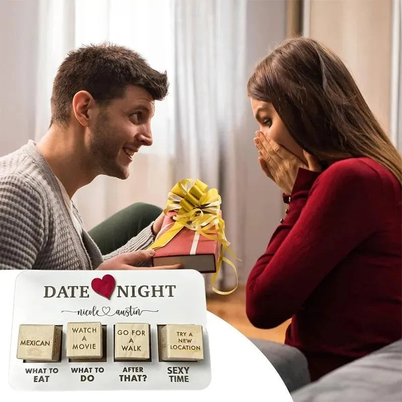 Wooden date night dice set for couples showing five dice, a rectangular planner board, and a black storage bag.