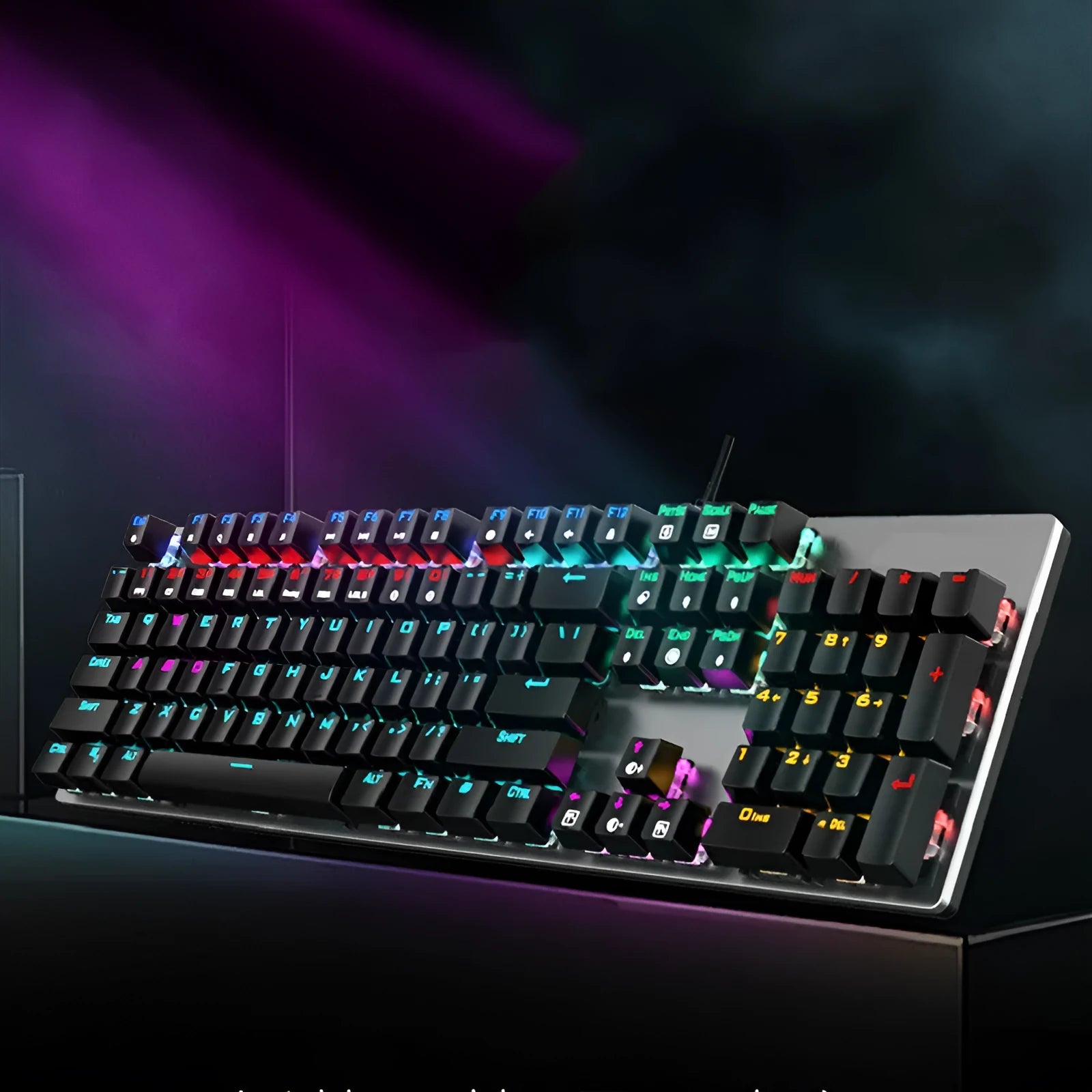 AOC GK410 mechanical keyboard with metal frame, 104 keys, USB cable, and backlit keys.
