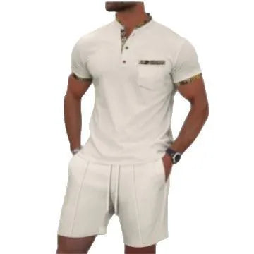 Men's grey waffle weave zippered polo collar short sleeve top and matching shorts suit set laid flat.