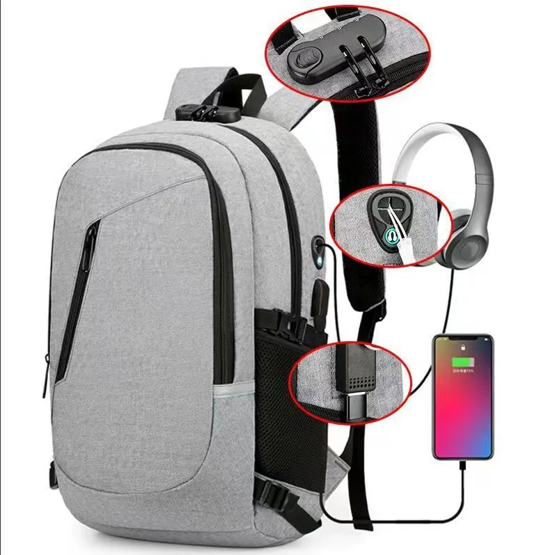 Solid-colour Oxford cloth computer backpack with 20-35L capacity in grey, black, blue, or red options.
