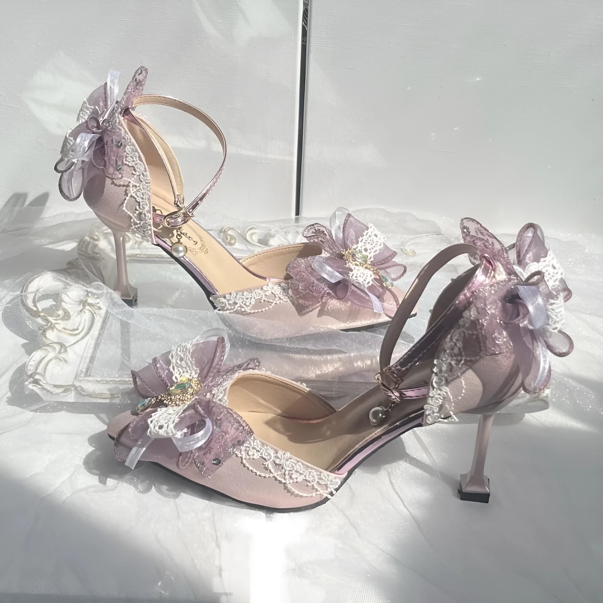 Purple satin Lolita wedding shoes with square toe brackets and stiletto heels