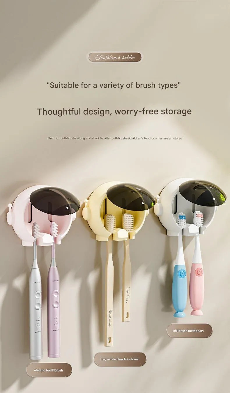 Cartoon wall-mounted no-drilling toothbrush holder in pink holding electric and manual toothbrushes
