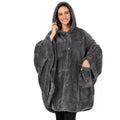 A thick hooded bathrobe in dark grey, shown hanging, with long sleeves and a cardigan front.