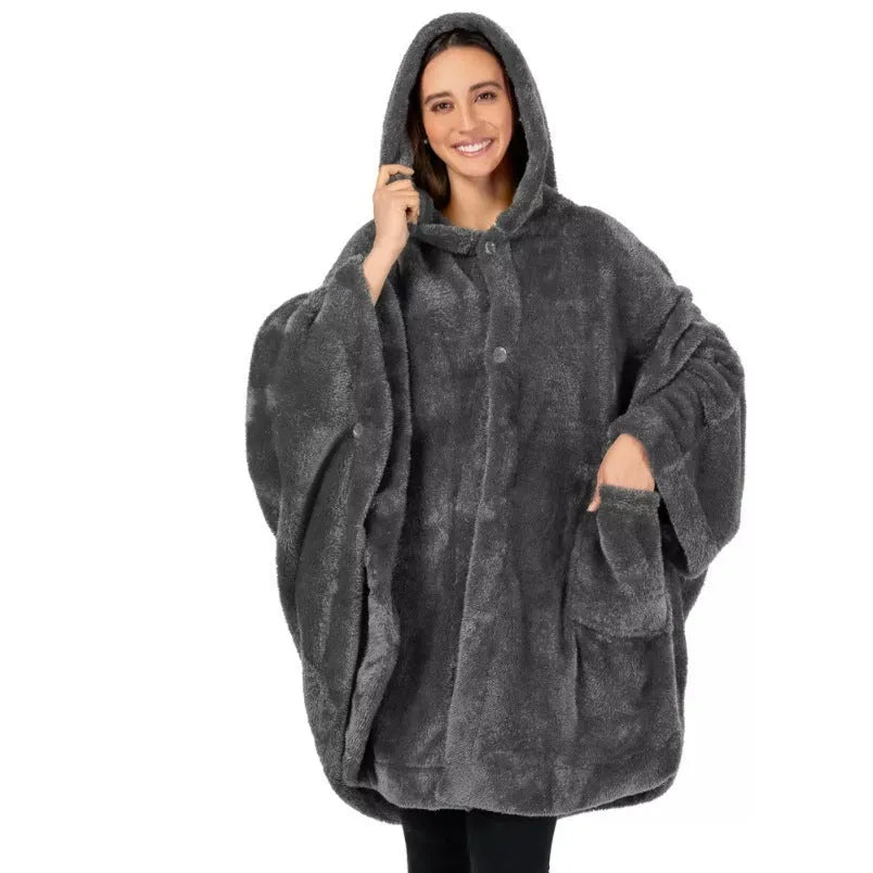A thick hooded bathrobe in dark grey, shown hanging, with long sleeves and a cardigan front.