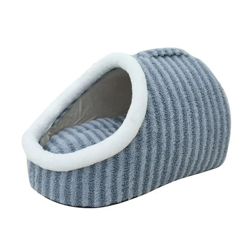 Thickened 3D dog cat bed with removable sponge insert in striped blue fabric