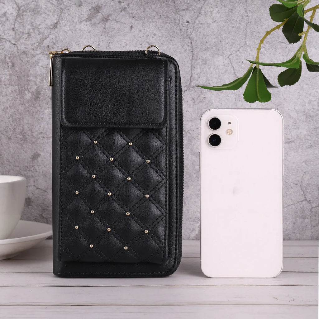 Fashion all-match mobile phone bag classic rhombus light luxury clamshell PU square vertical black khaki