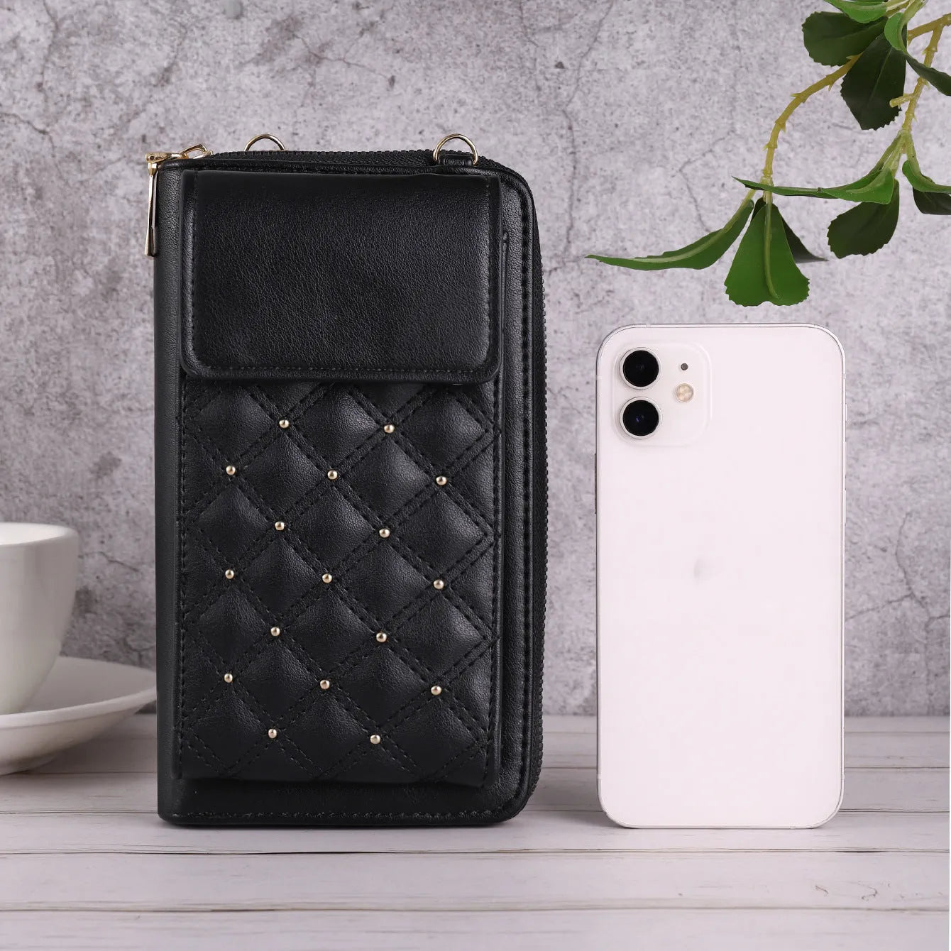 Fashion all-match mobile phone bag classic rhombus light luxury clamshell PU square vertical black khaki