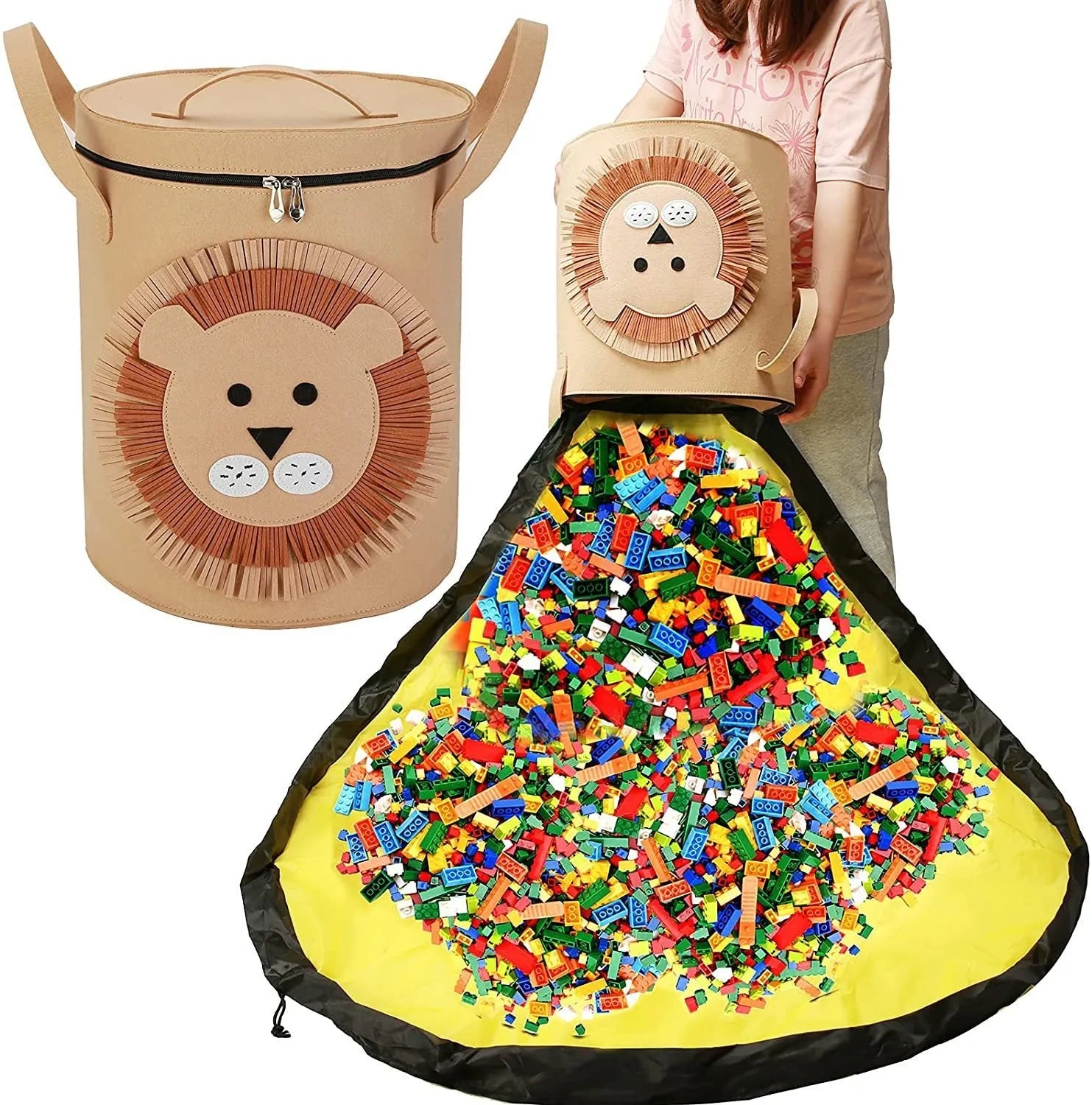 Green felt cube storage bag with pull rope handles that converts to toy play mat