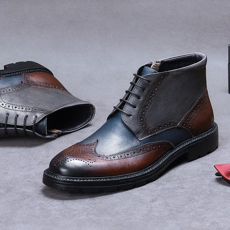 Men's curry blue leather brogue ankle boots with vintage carved stitching and front lacing.
