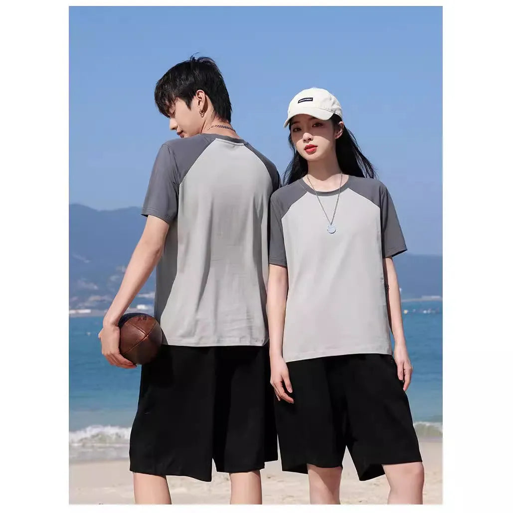 Loose fit round neck cotton blend t-shirt in A050 apricot army green, laid flat.