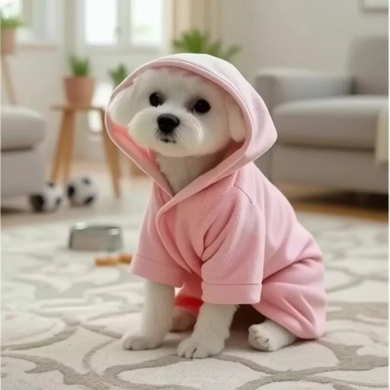Wearable pet bath towel in thickened coral fleece with edging, shown in blue, yellow, pink, and white, sizes S M L