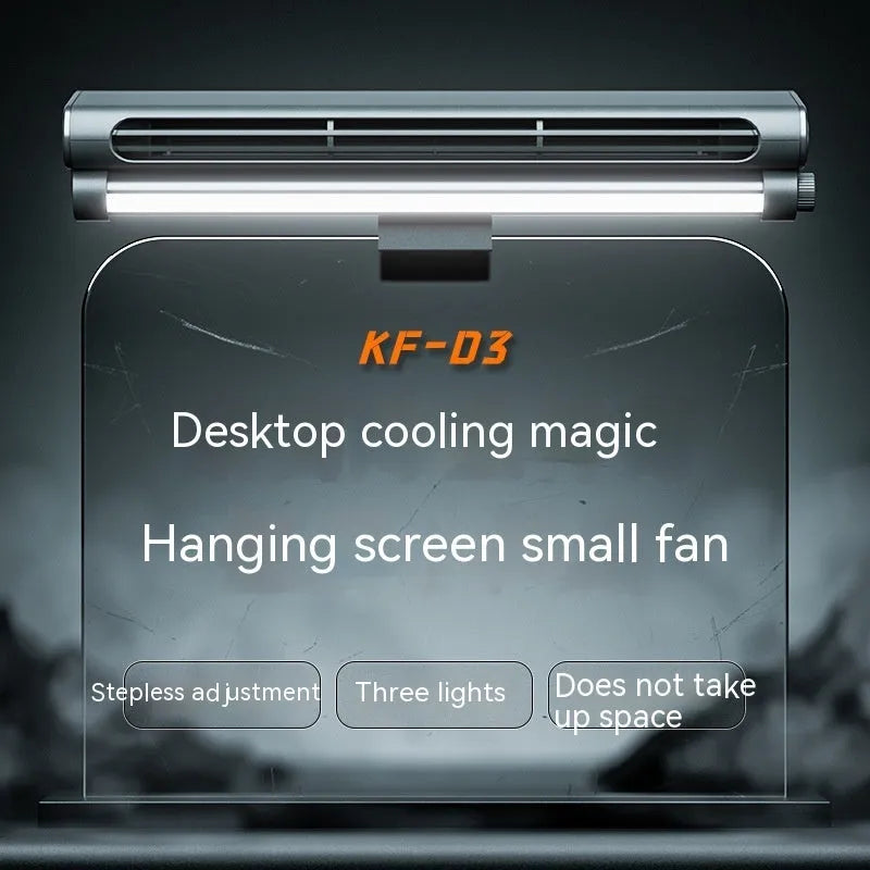 Black bladeless USB desk fan with clip attached to a laptop screen, showing integrated LED light.