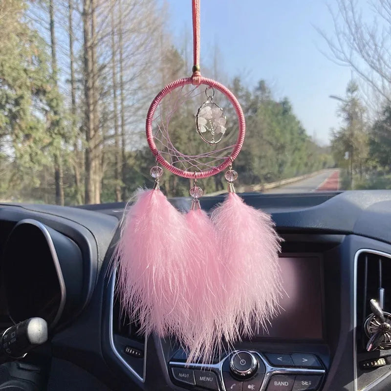 Dream catcher feather car pendant decorative hanging ornament in black with glass beads and iron fist charm