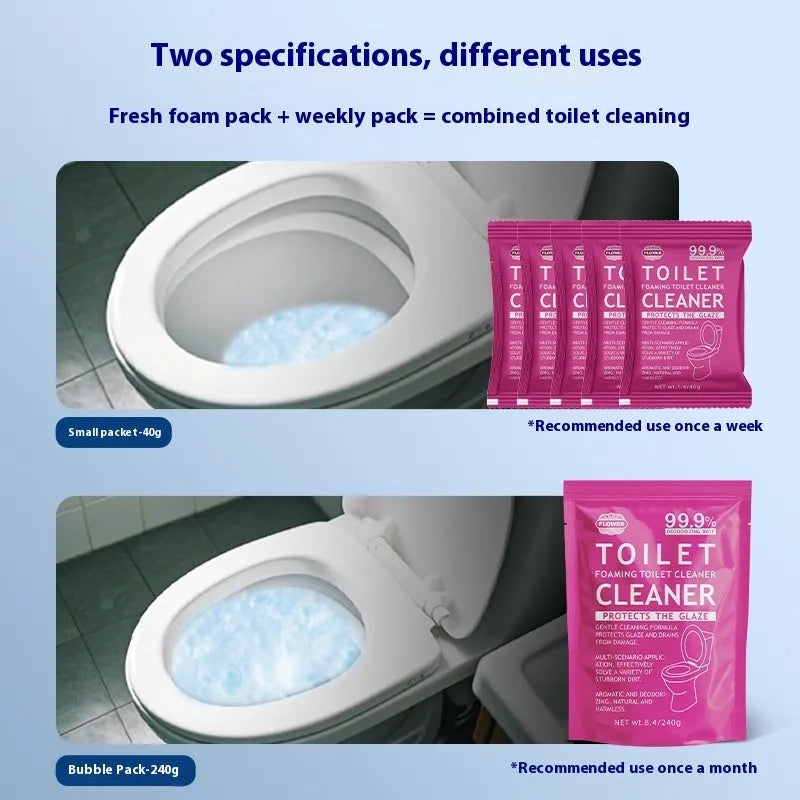 Toilet bubble powder effervescent cleaner in blue ocean or pink floral scent, 240g bag or 5x40g box.