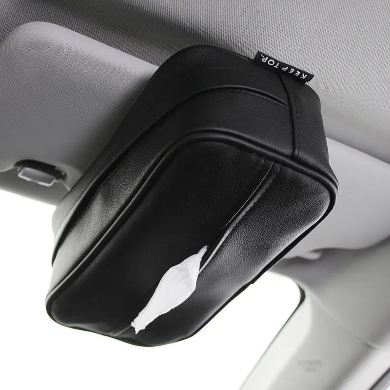 Beige PU leather car hanging organiser box with a loop, shown next to a black medium and black large size option.