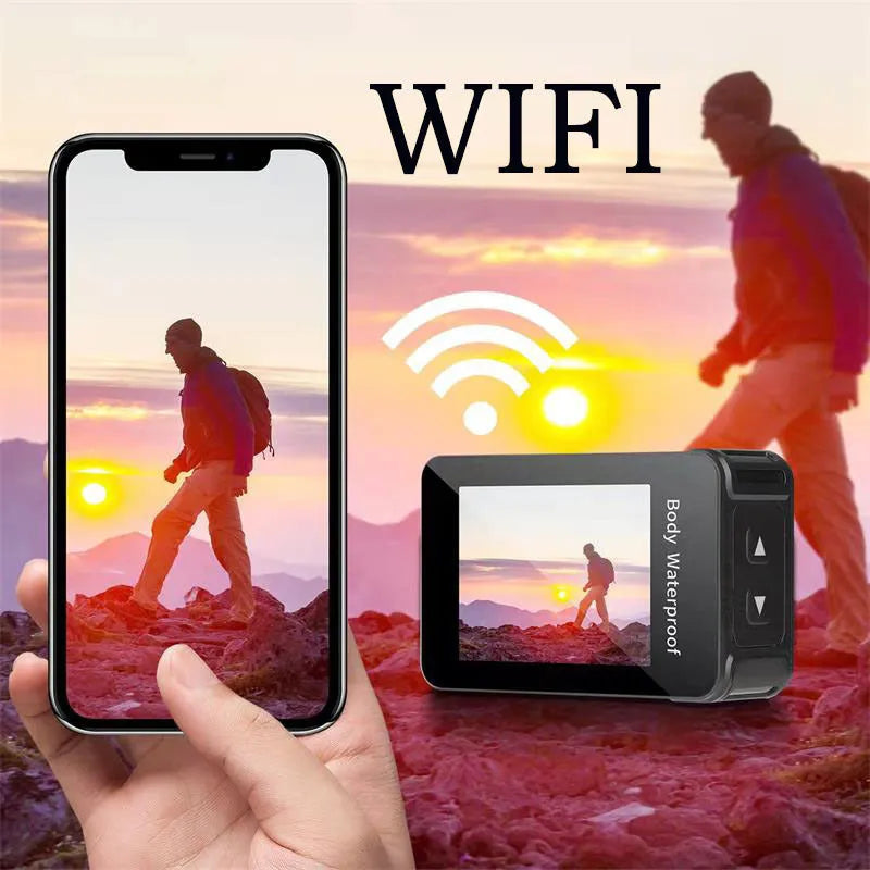 Black plastic outdoor sports action camera with wide-angle lens and touch screen