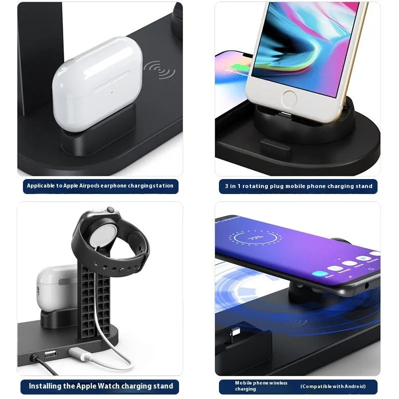 Black wireless charging stand holding a mobile phone and a smartwatch on a desk.