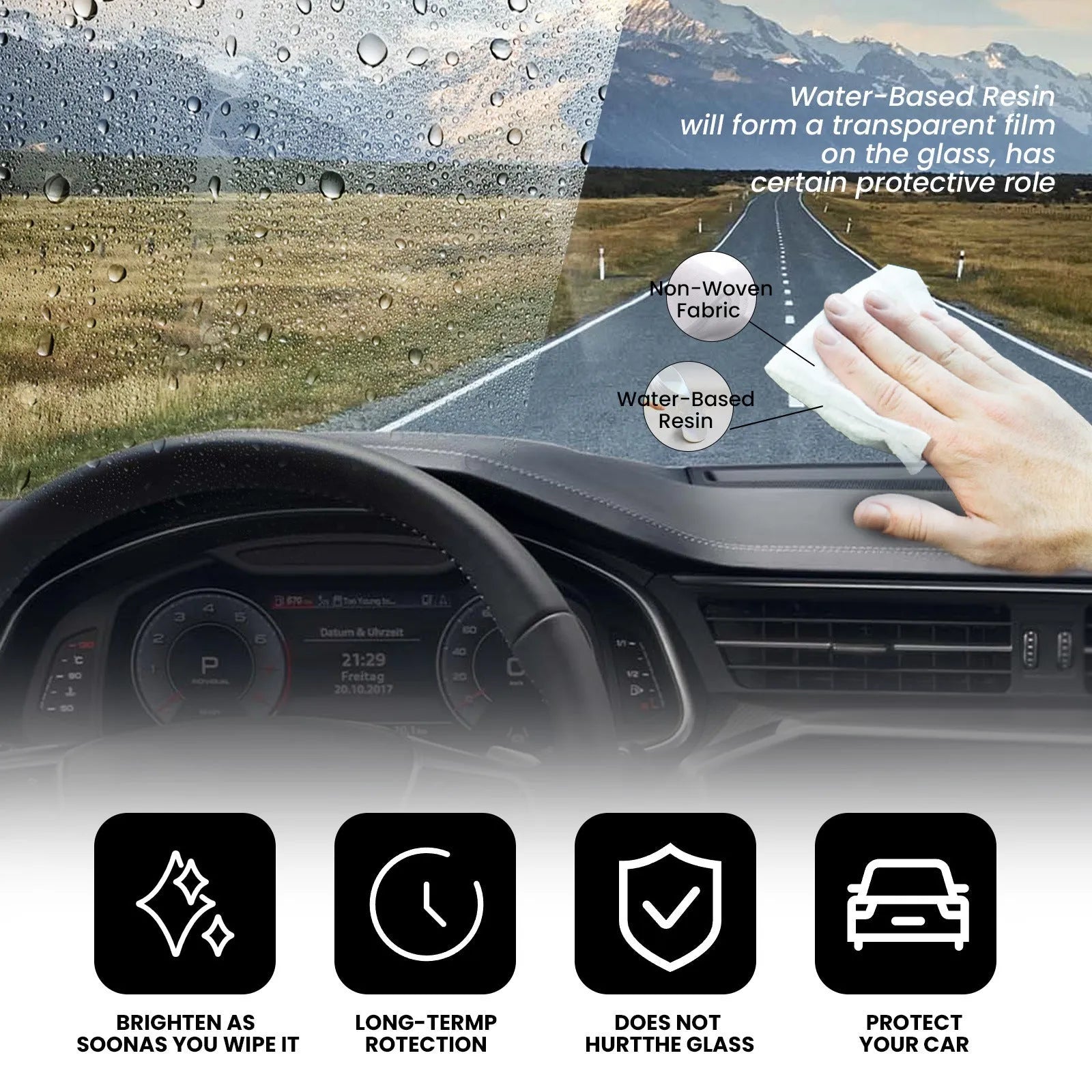 Pack of 40 car anti-fog rain wipes showing individual 18x8x3cm non-woven fabric cloths with water-based resin formula