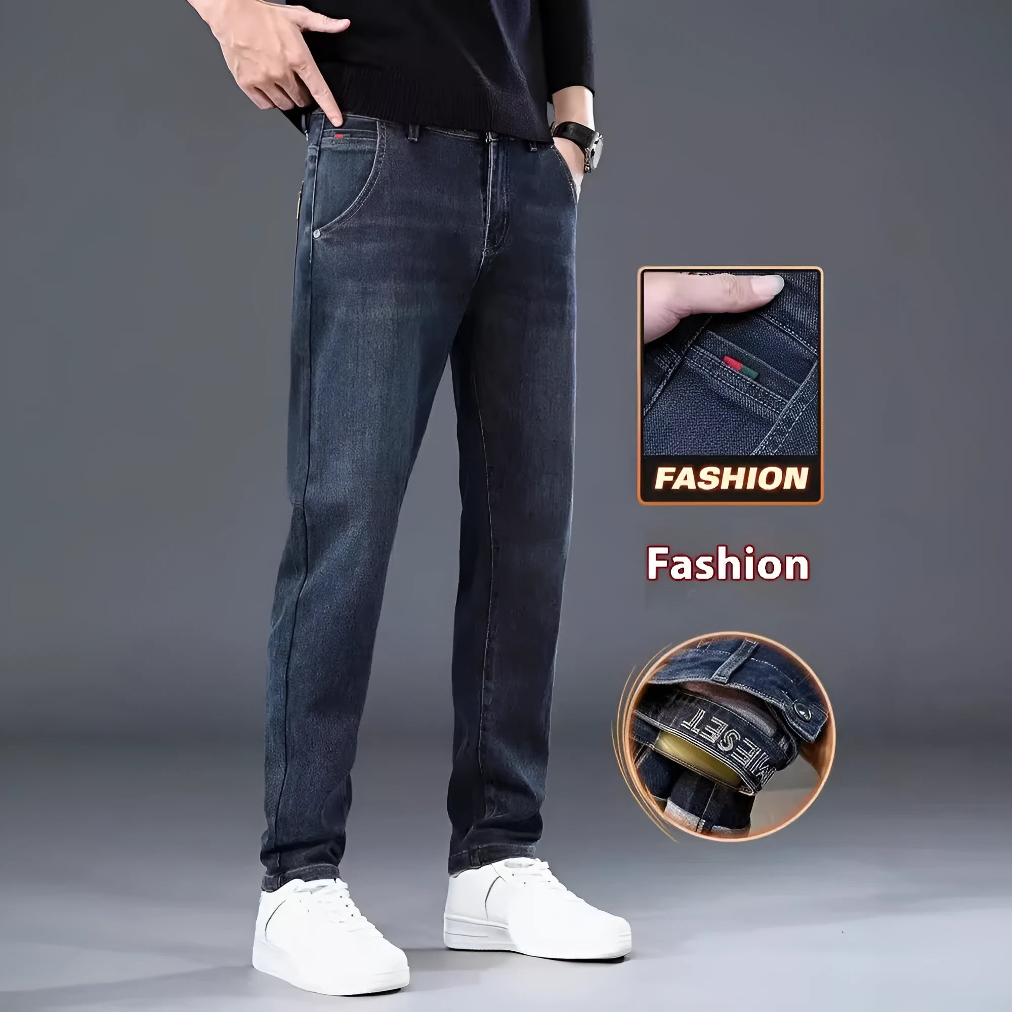 Blue grey slim straight loose casual trousers on a hanger, showing mid waist and zipper fly.