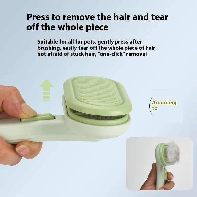 Large light grey pet hair removal comb with stainless steel blades and a one-click release button.