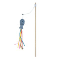 Blue cat wand toy with ribbons, catnip fish and bell on a wooden handle