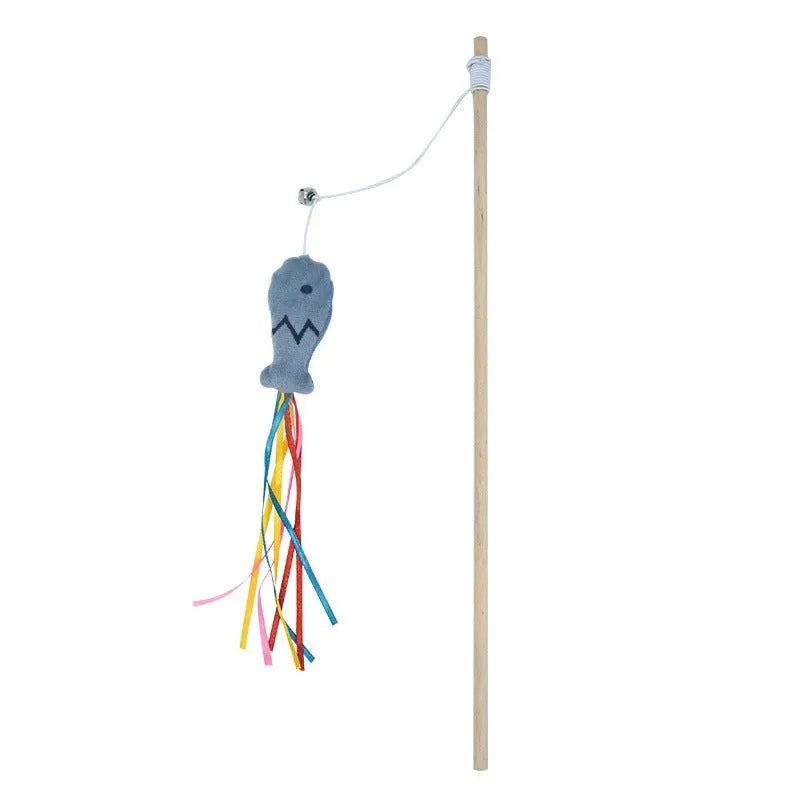 Blue cat wand toy with ribbons, catnip fish and bell on a wooden handle