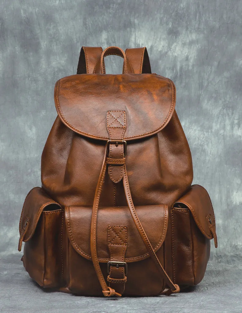 Genuine leather retro backpack with ergonomic back panel and geometric pattern in light brown and black 15 inch