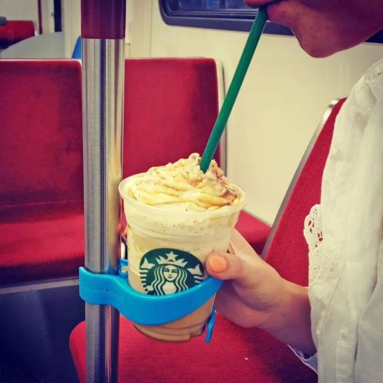 Portable transportation cup holder for coffee on trains, buses, subways, PP plastic, red white blue