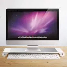 Black computer monitor stand with USB ports on the front and a hidden keyboard storage compartment underneath
