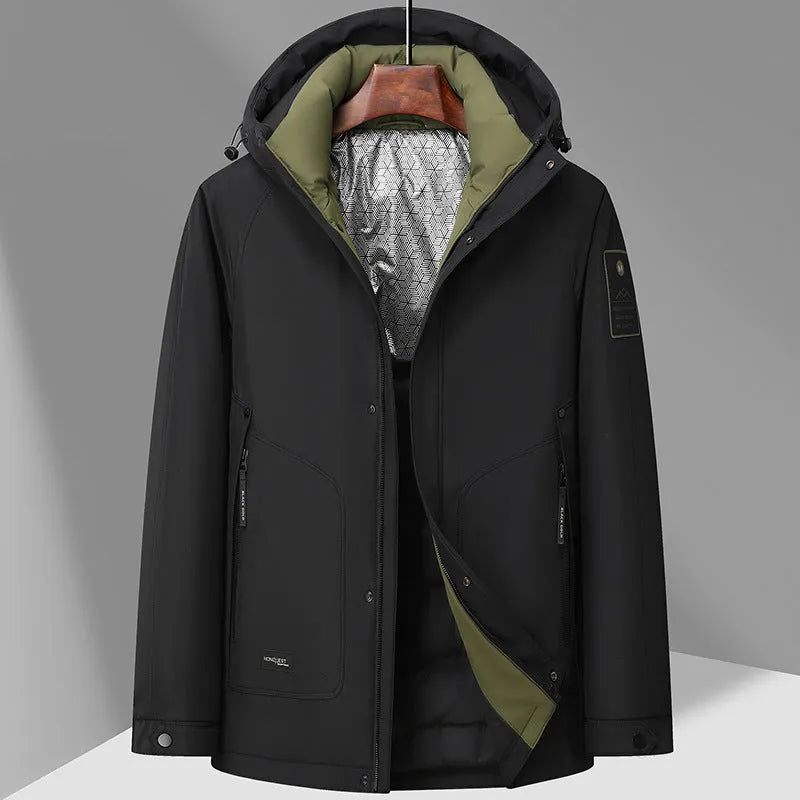 Men's white duck down hooded jacket in black, with chemical fibre blend shell, sizes 170 to 195