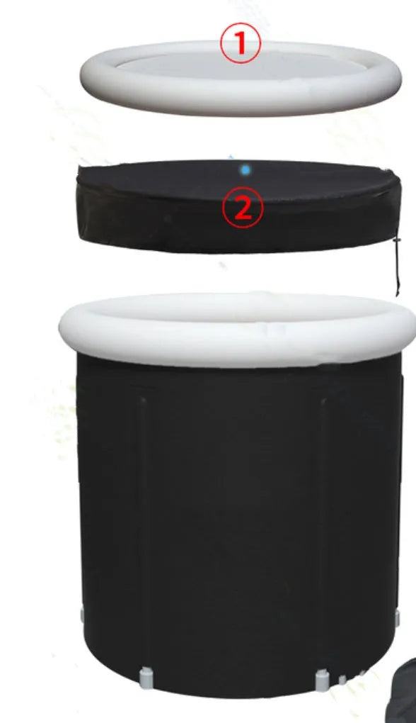 Black portable PVC ice bath measuring 70x80cm with all-weather lid and accessories for cold water therapy