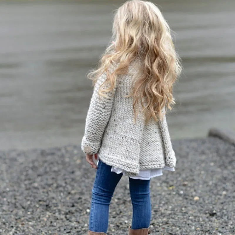 Beige girls cardigan sweater coat with single-breasted closure and long sleeves in knitted rabbit hair blend fabric