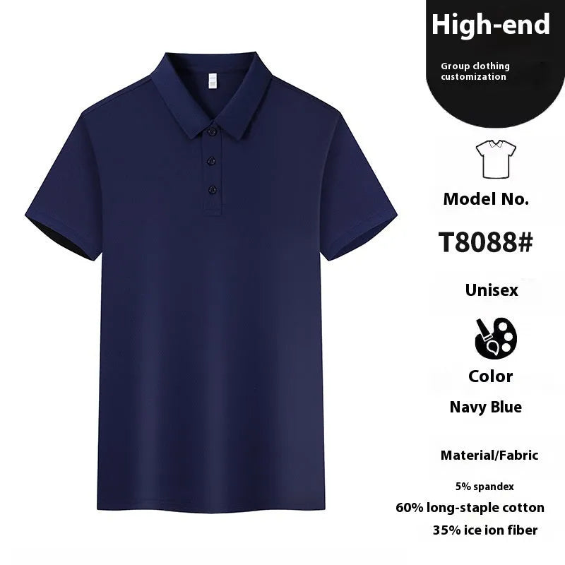 Men's short sleeve polo t-shirt with lapel collar in cotton spandex blend, multiple colour options