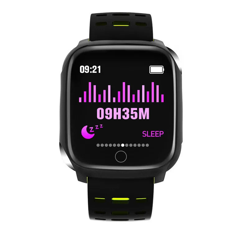 F16 smart watch with ECG monitoring on wrist showing blood pressure and heart rate display