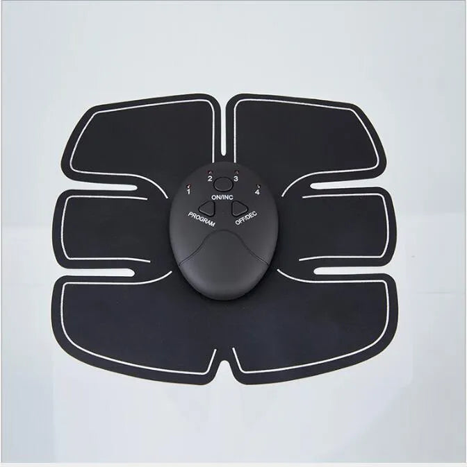 Black EMS muscle stimulator device with electrode pads for abdominal toning and slimming